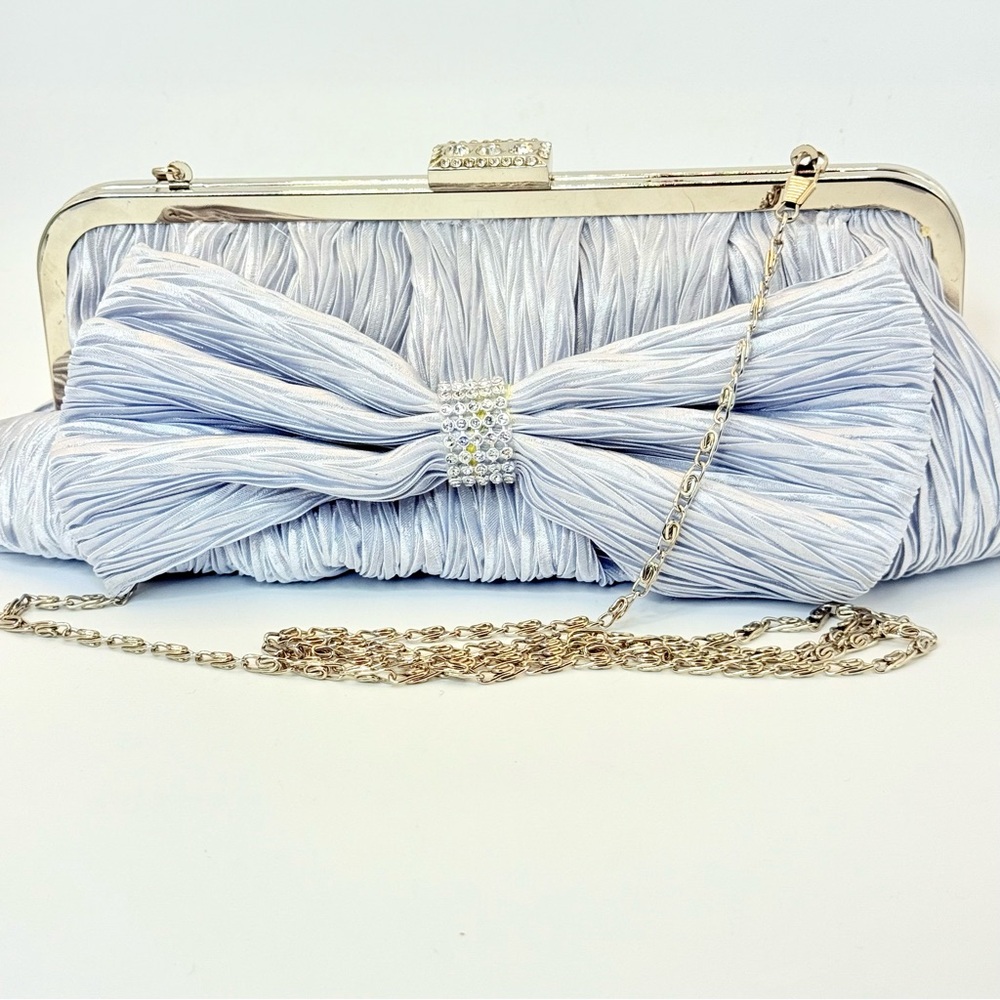 Silver Satin Pleated Bow Clutch Purse with Rhinestone Detail & Chain Strap